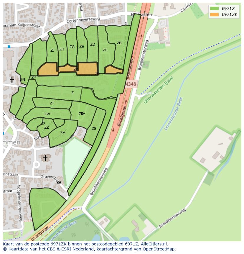 Afbeelding van het postcodegebied 6971 ZK op de kaart.