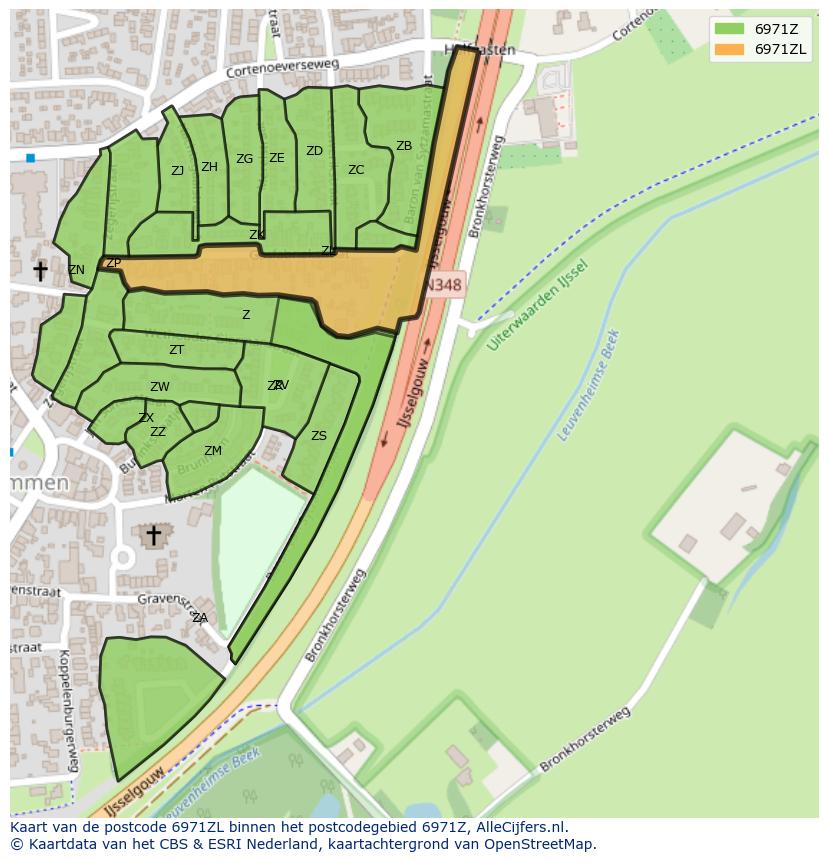 Afbeelding van het postcodegebied 6971 ZL op de kaart.