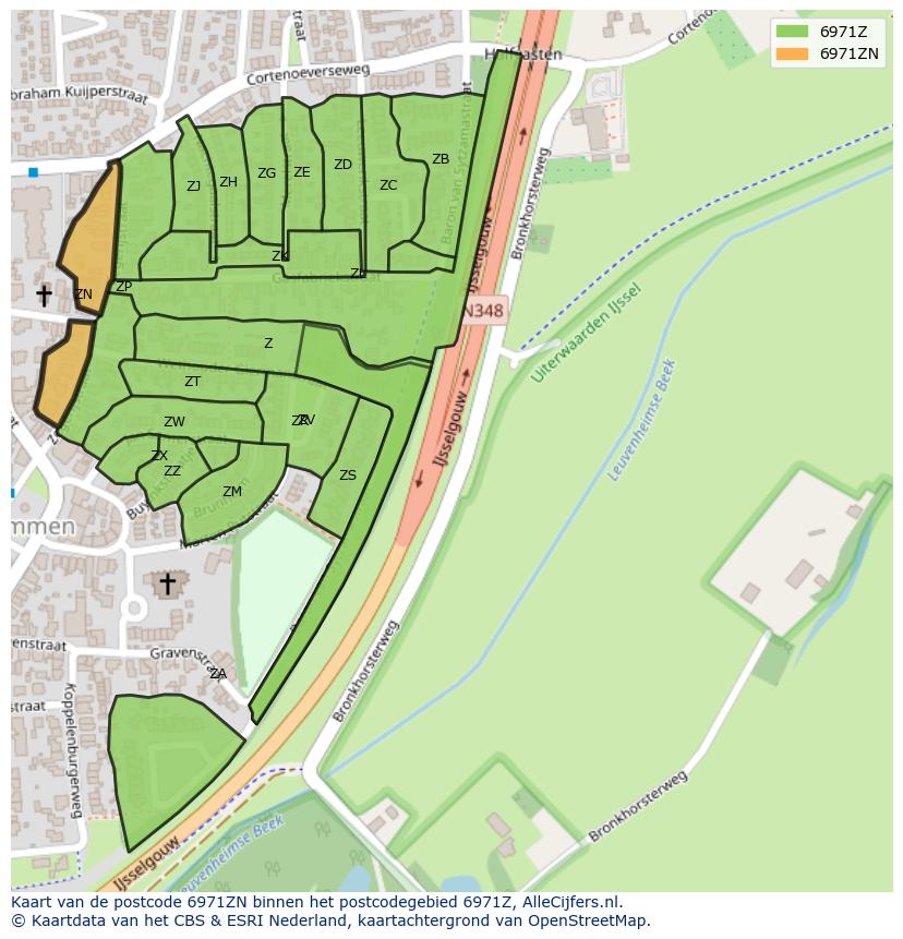 Afbeelding van het postcodegebied 6971 ZN op de kaart.