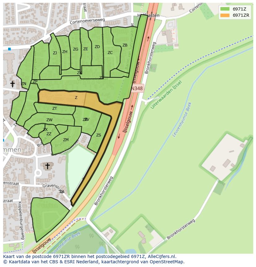 Afbeelding van het postcodegebied 6971 ZR op de kaart.