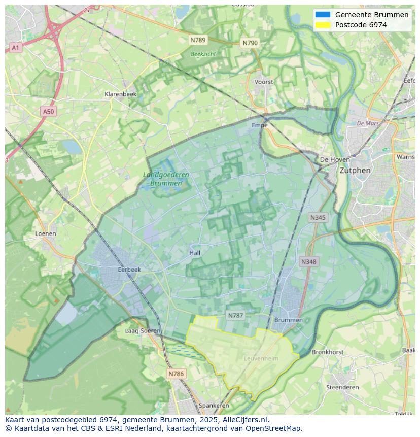 Afbeelding van het postcodegebied 6974 op de kaart.