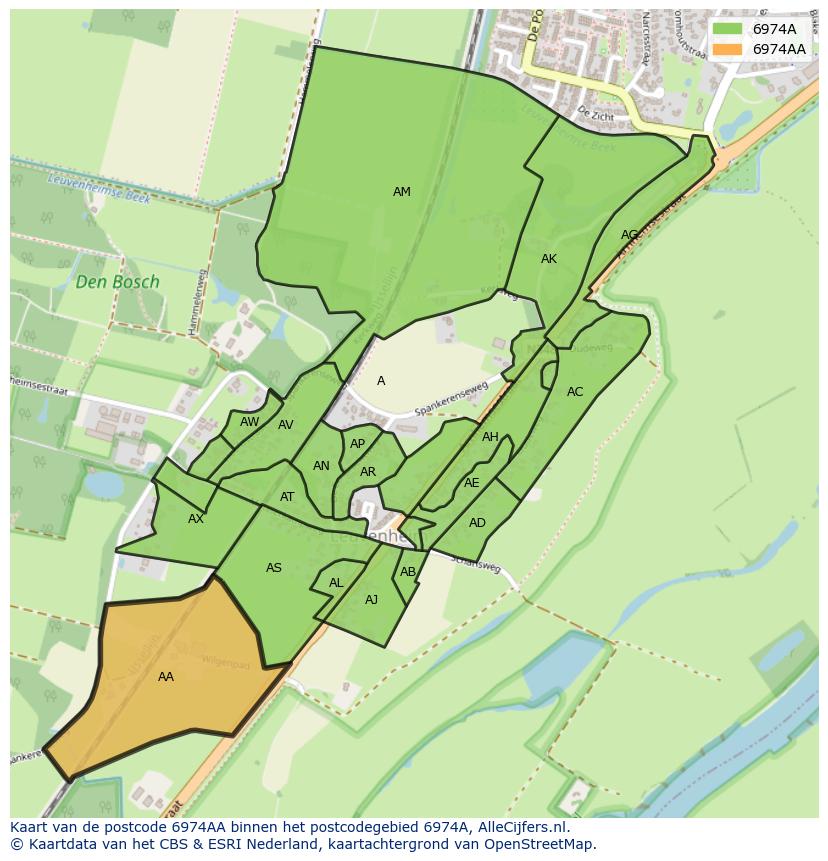 Afbeelding van het postcodegebied 6974 AA op de kaart.