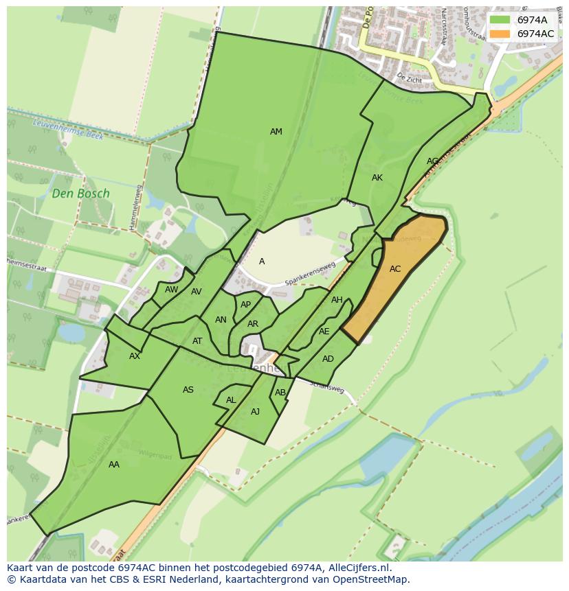 Afbeelding van het postcodegebied 6974 AC op de kaart.
