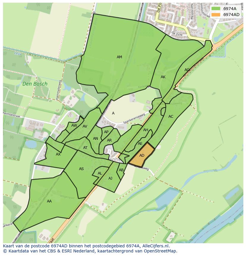 Afbeelding van het postcodegebied 6974 AD op de kaart.