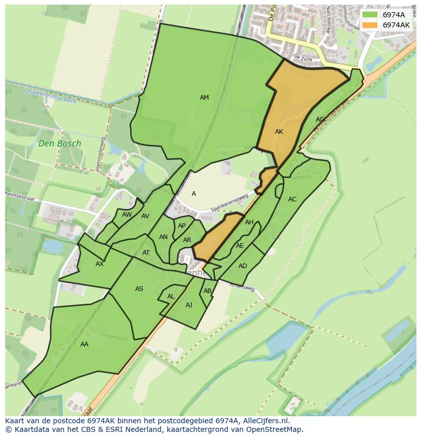 Afbeelding van het postcodegebied 6974 AK op de kaart.
