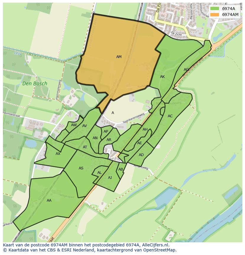 Afbeelding van het postcodegebied 6974 AM op de kaart.