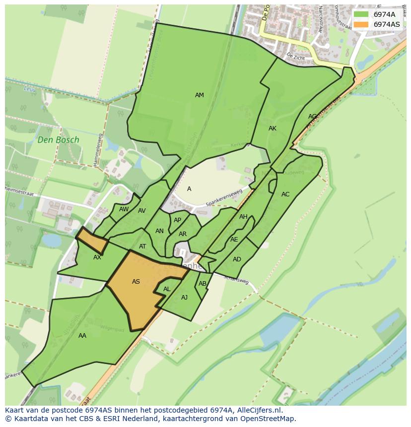 Afbeelding van het postcodegebied 6974 AS op de kaart.