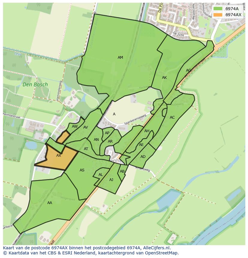 Afbeelding van het postcodegebied 6974 AX op de kaart.