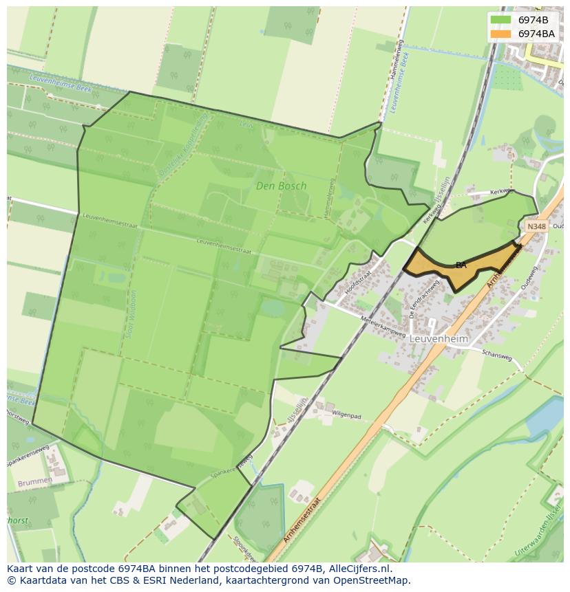 Afbeelding van het postcodegebied 6974 BA op de kaart.