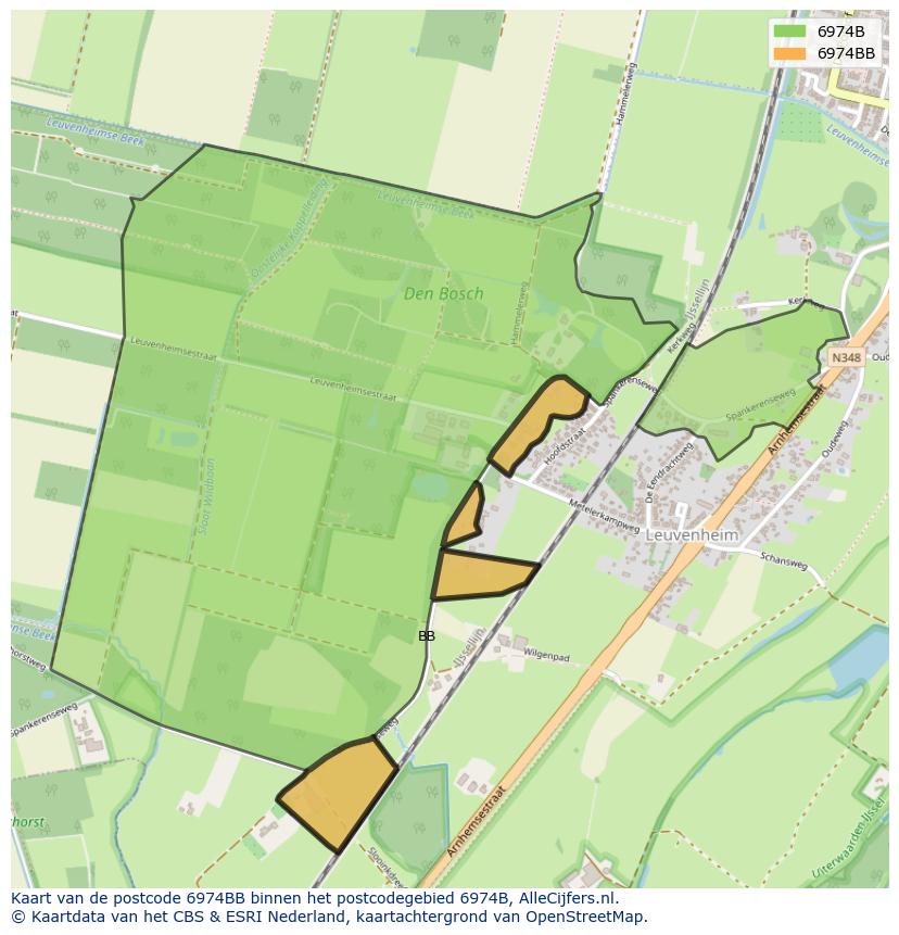 Afbeelding van het postcodegebied 6974 BB op de kaart.