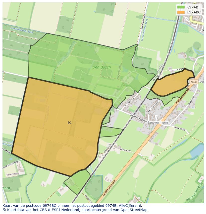 Afbeelding van het postcodegebied 6974 BC op de kaart.