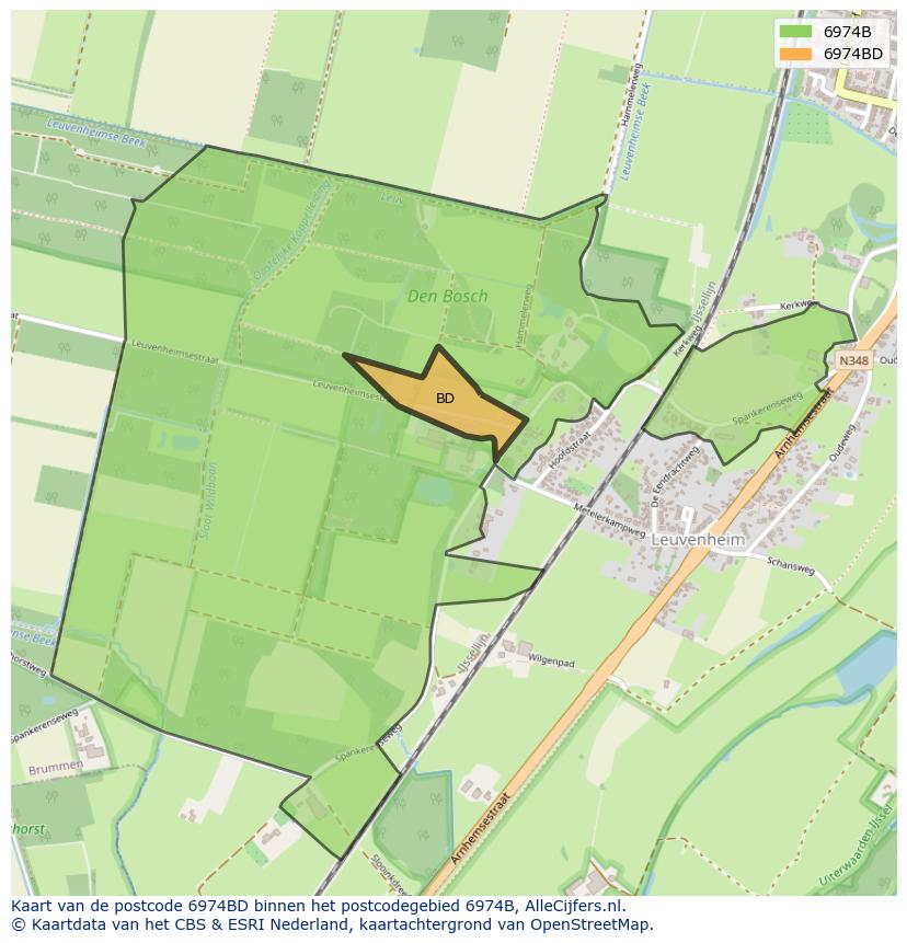 Afbeelding van het postcodegebied 6974 BD op de kaart.