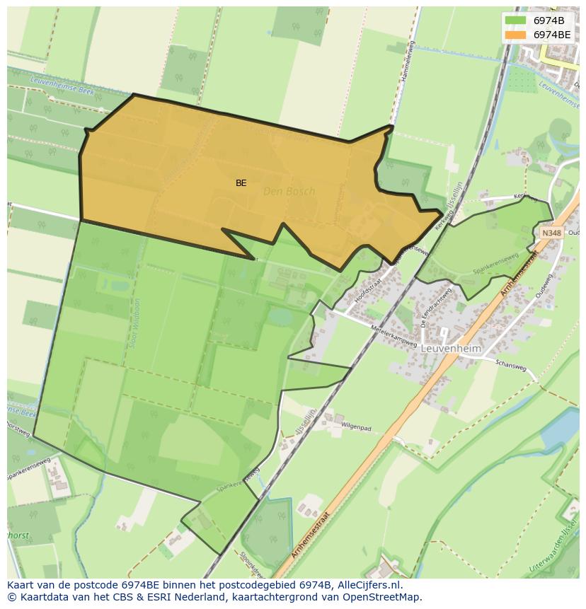 Afbeelding van het postcodegebied 6974 BE op de kaart.