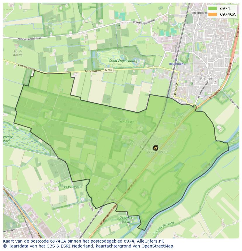 Afbeelding van het postcodegebied 6974 CA op de kaart.