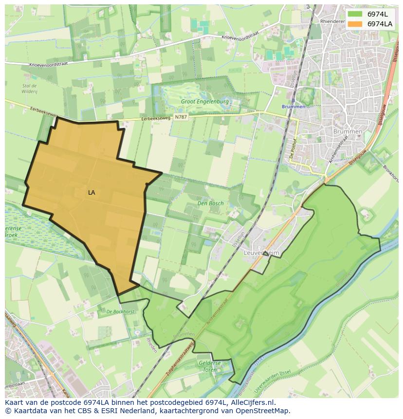 Afbeelding van het postcodegebied 6974 LA op de kaart.