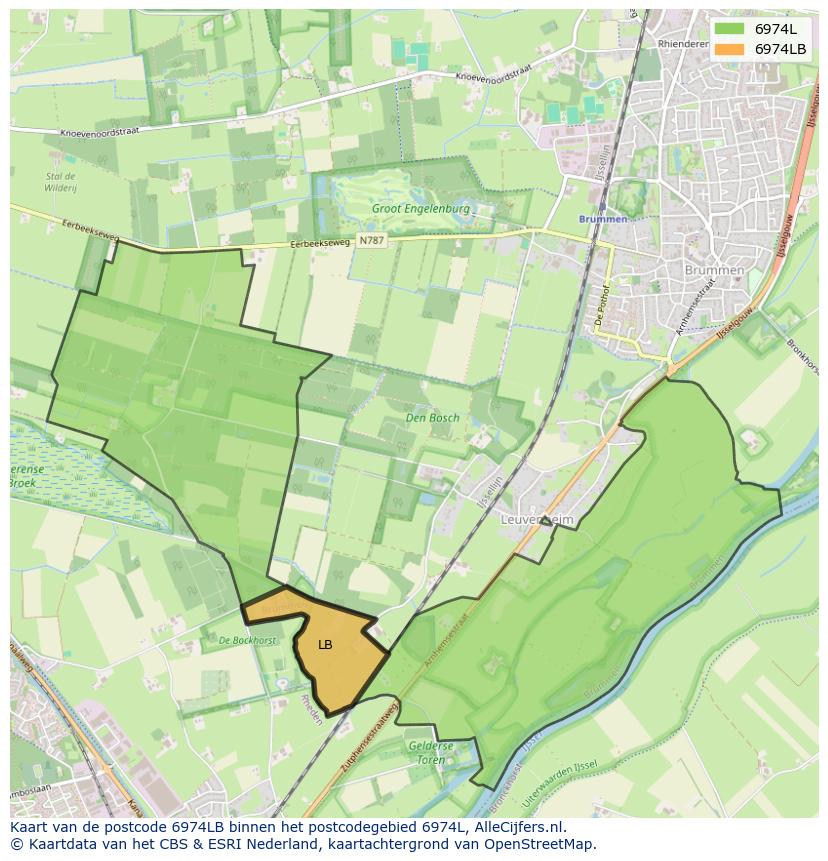 Afbeelding van het postcodegebied 6974 LB op de kaart.