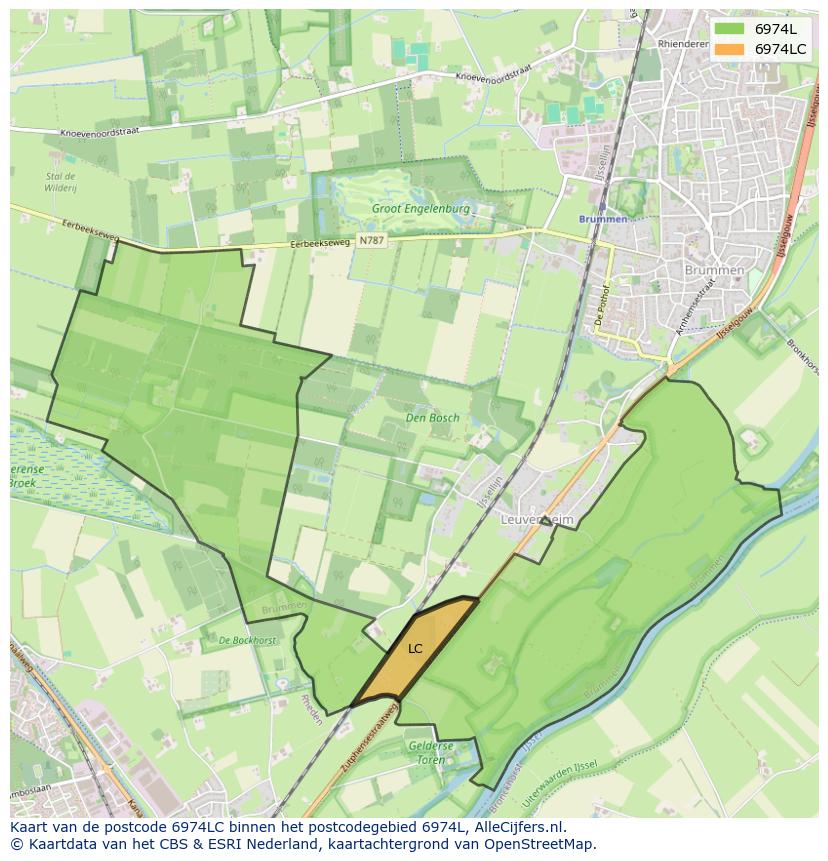 Afbeelding van het postcodegebied 6974 LC op de kaart.