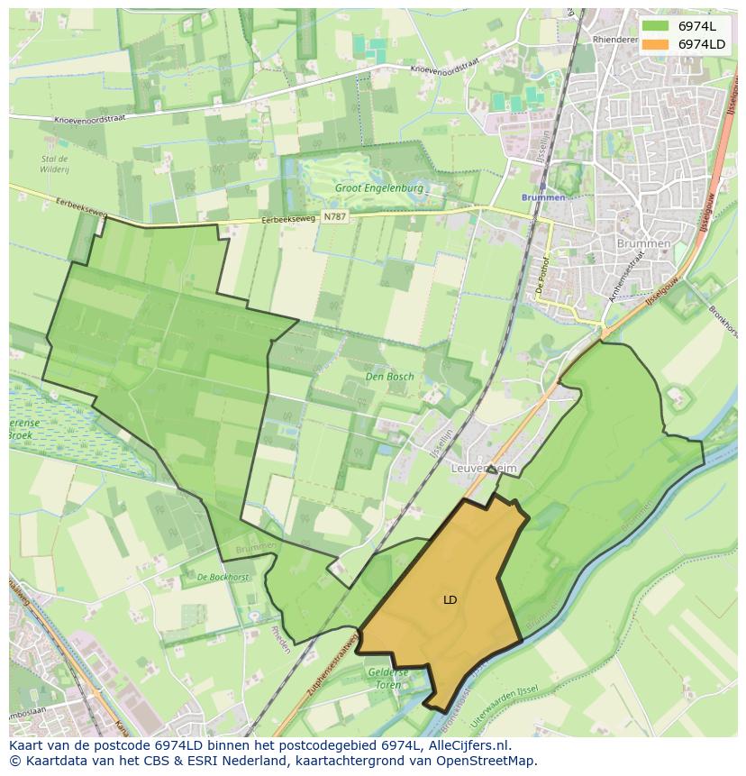Afbeelding van het postcodegebied 6974 LD op de kaart.