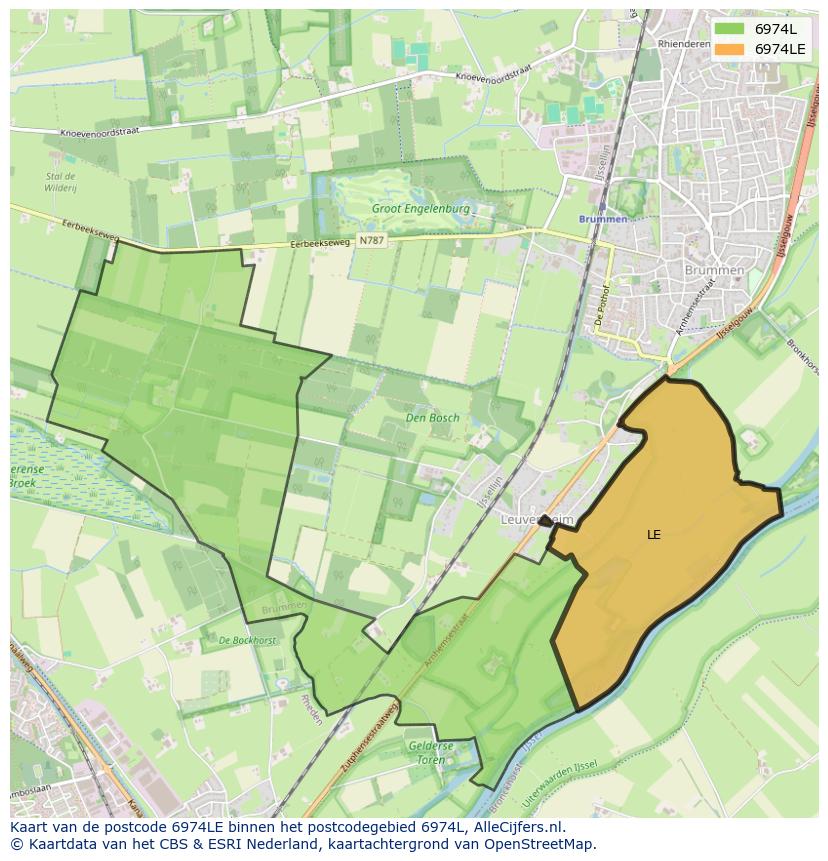Afbeelding van het postcodegebied 6974 LE op de kaart.
