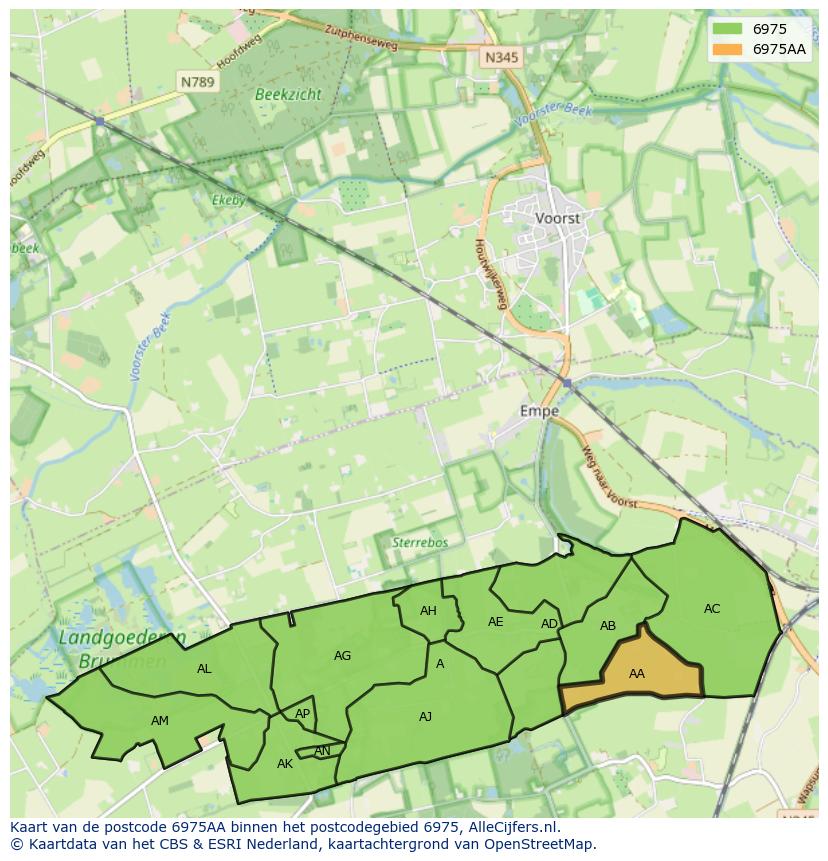 Afbeelding van het postcodegebied 6975 AA op de kaart.