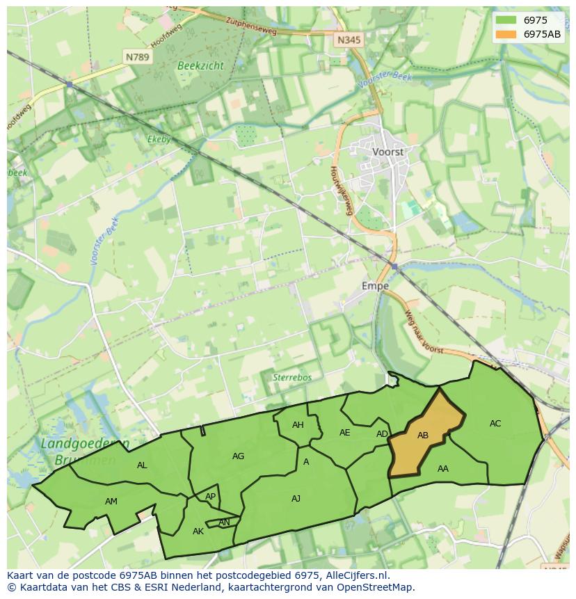 Afbeelding van het postcodegebied 6975 AB op de kaart.