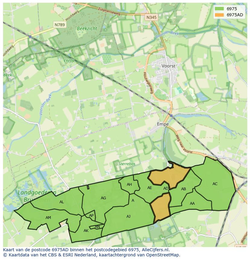 Afbeelding van het postcodegebied 6975 AD op de kaart.