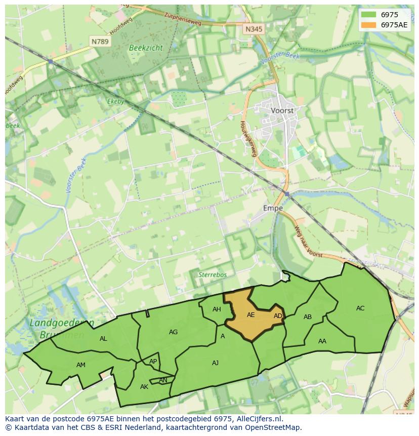 Afbeelding van het postcodegebied 6975 AE op de kaart.