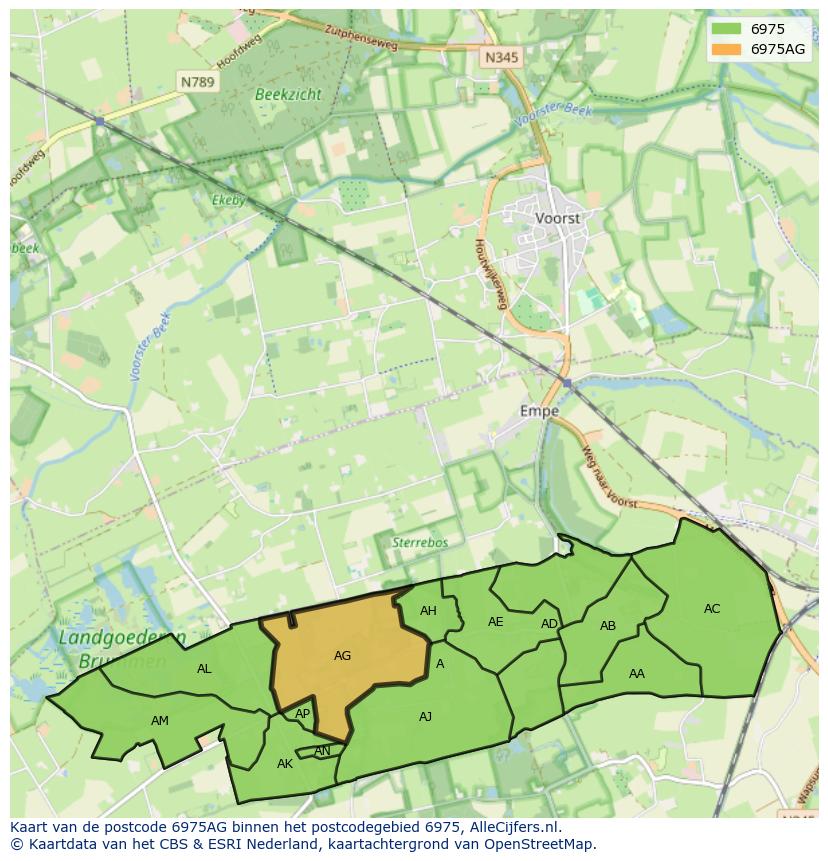 Afbeelding van het postcodegebied 6975 AG op de kaart.