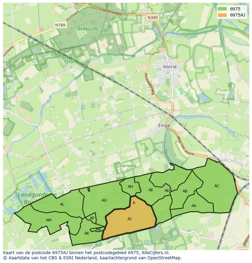 Afbeelding van het postcodegebied 6975 AJ op de kaart.