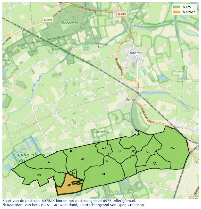 Afbeelding van het postcodegebied 6975 AK op de kaart.