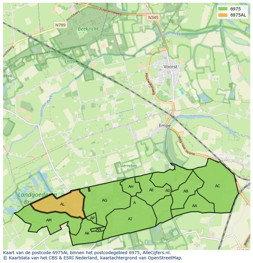 Afbeelding van het postcodegebied 6975 AL op de kaart.