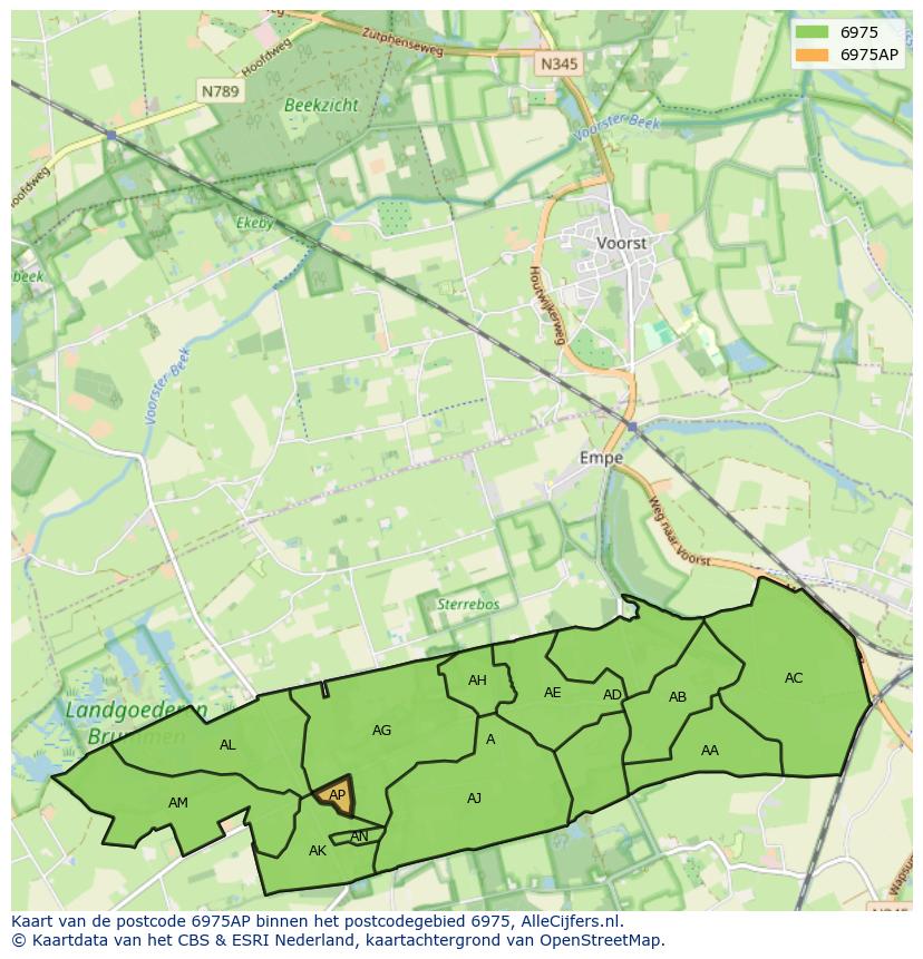 Afbeelding van het postcodegebied 6975 AP op de kaart.
