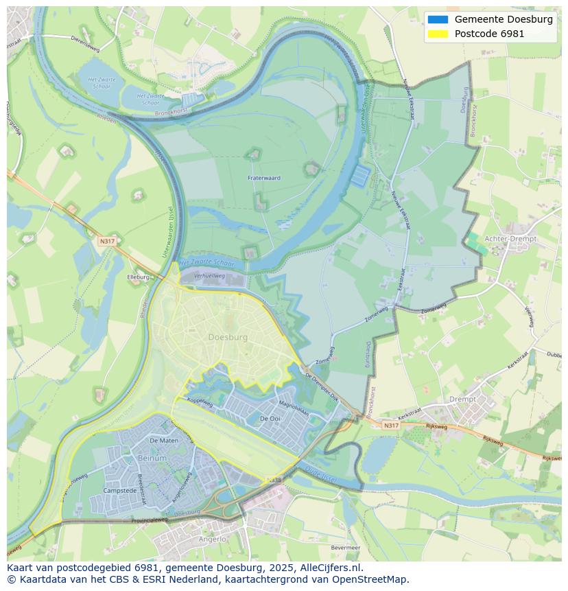 Afbeelding van het postcodegebied 6981 op de kaart.