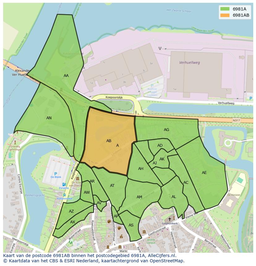 Afbeelding van het postcodegebied 6981 AB op de kaart.