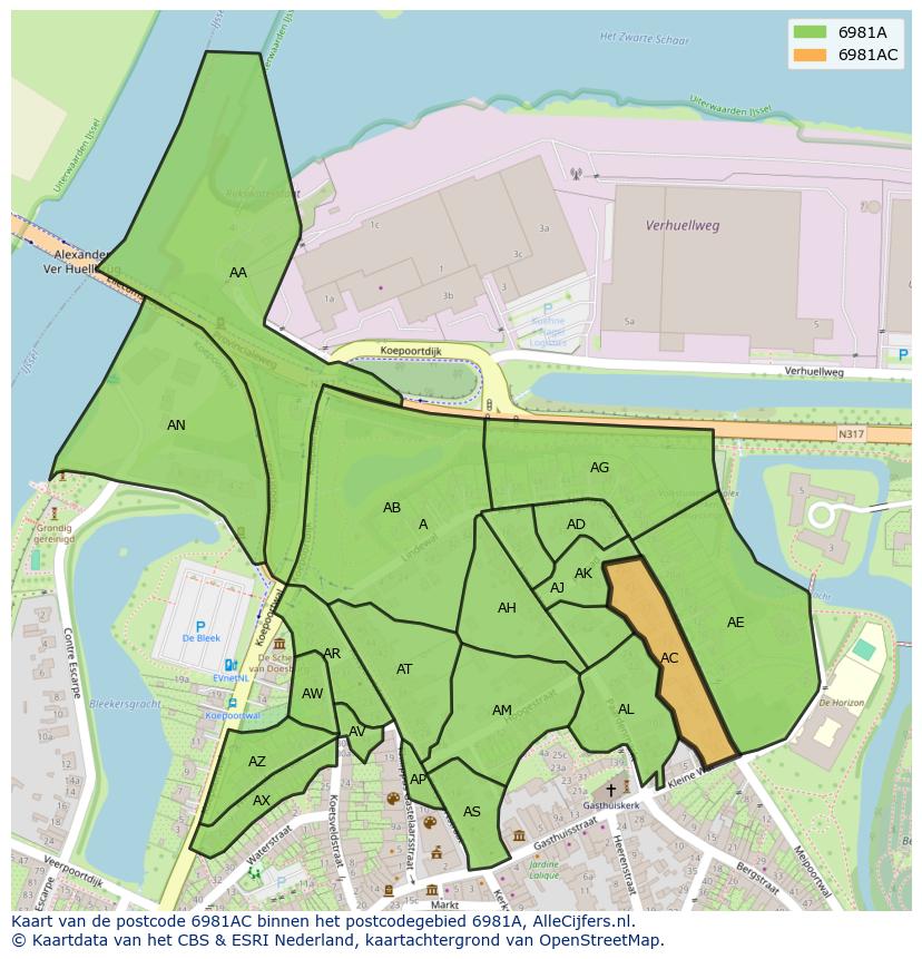 Afbeelding van het postcodegebied 6981 AC op de kaart.
