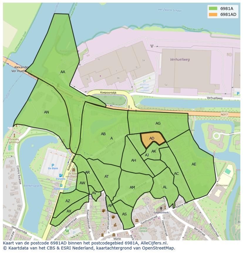 Afbeelding van het postcodegebied 6981 AD op de kaart.