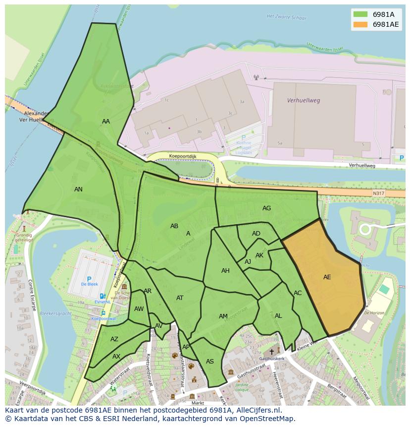 Afbeelding van het postcodegebied 6981 AE op de kaart.