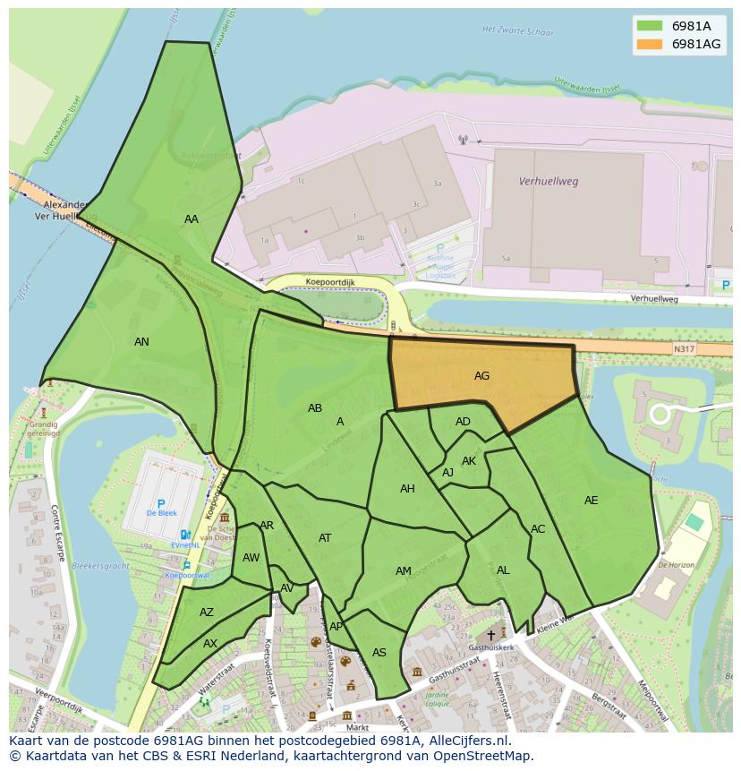 Afbeelding van het postcodegebied 6981 AG op de kaart.