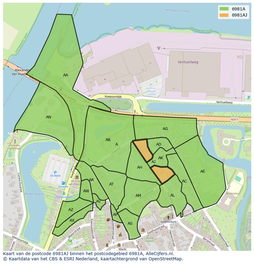 Afbeelding van het postcodegebied 6981 AJ op de kaart.