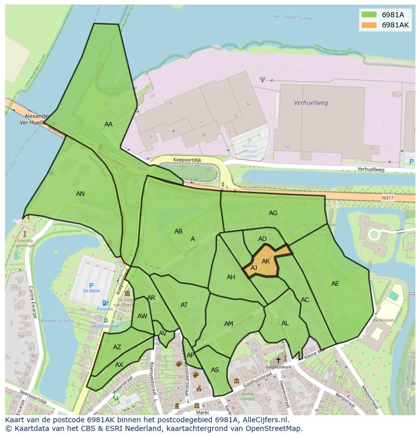 Afbeelding van het postcodegebied 6981 AK op de kaart.