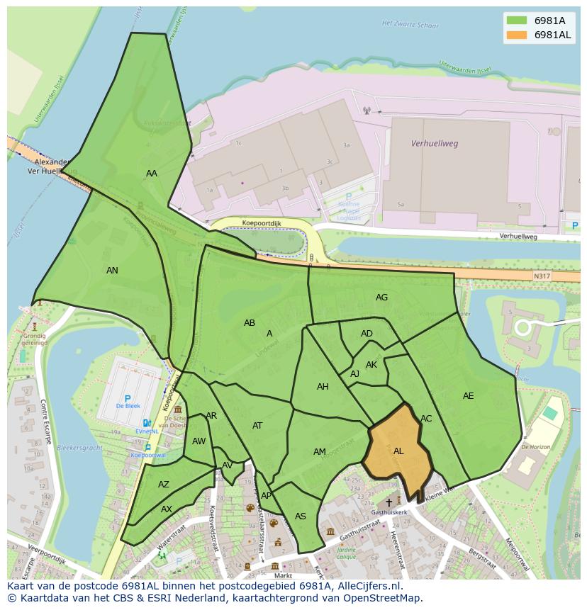 Afbeelding van het postcodegebied 6981 AL op de kaart.