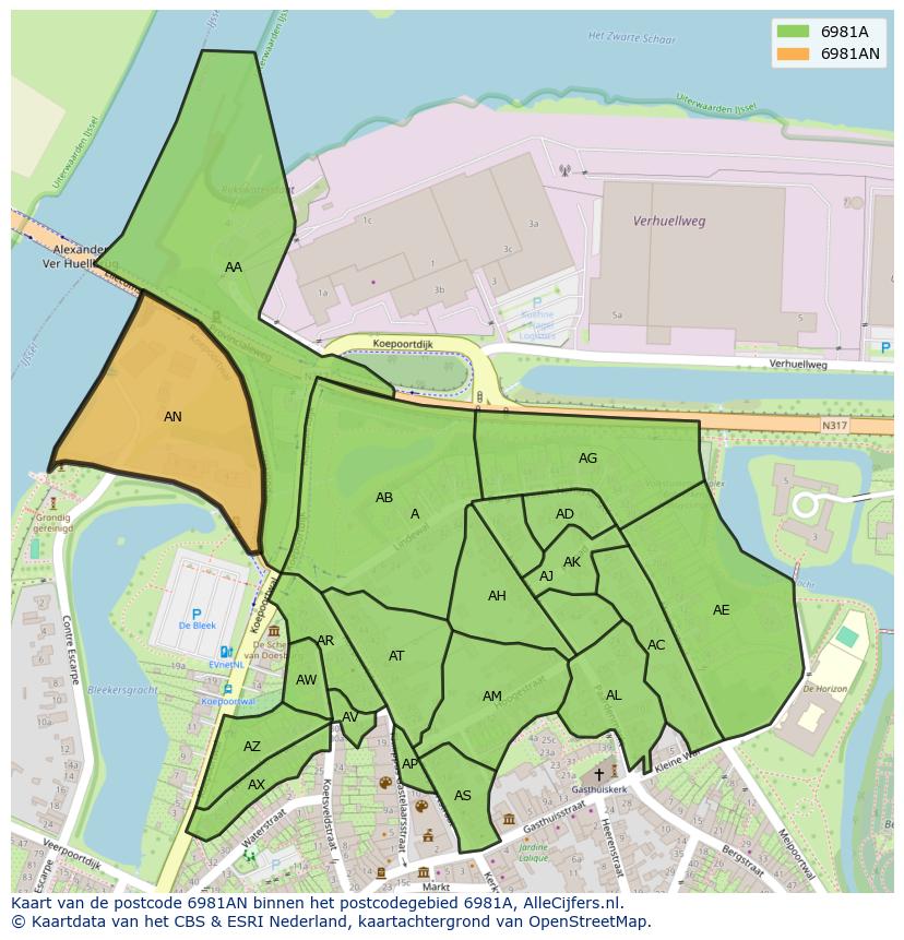 Afbeelding van het postcodegebied 6981 AN op de kaart.