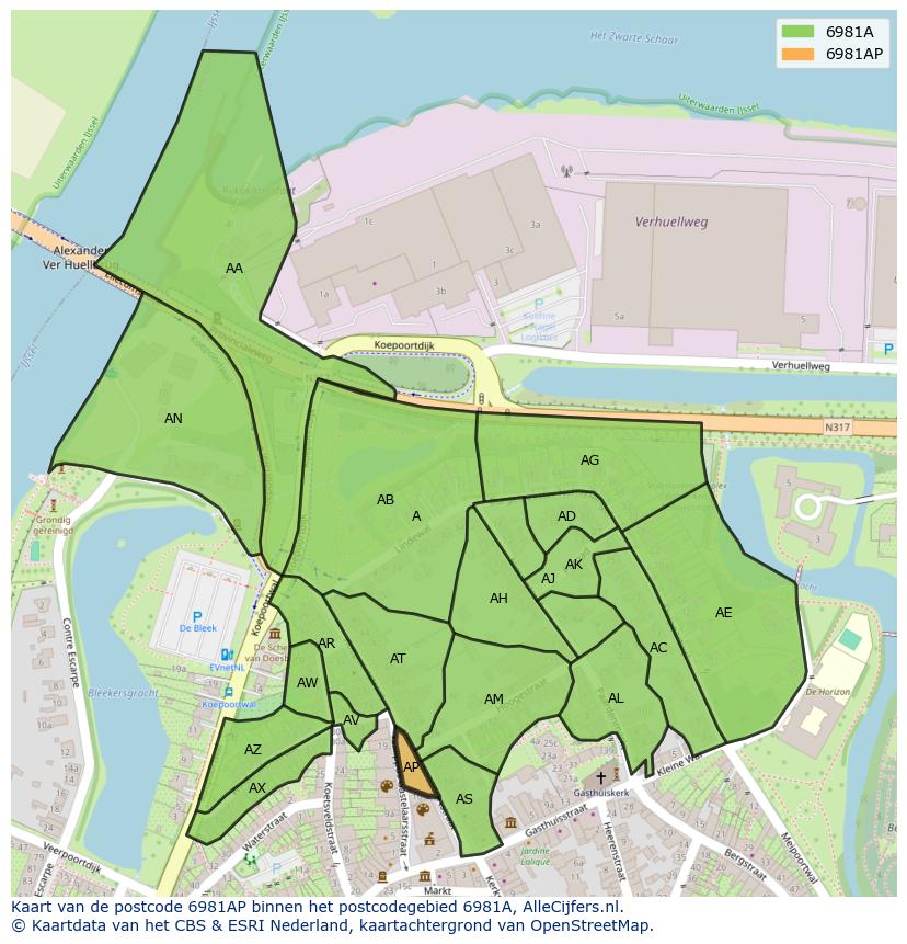 Afbeelding van het postcodegebied 6981 AP op de kaart.