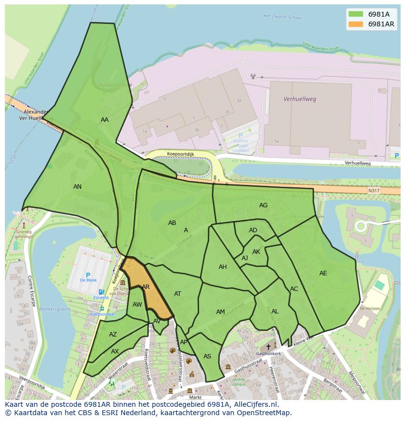 Afbeelding van het postcodegebied 6981 AR op de kaart.
