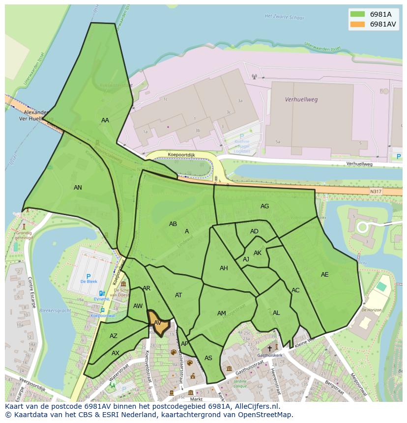 Afbeelding van het postcodegebied 6981 AV op de kaart.