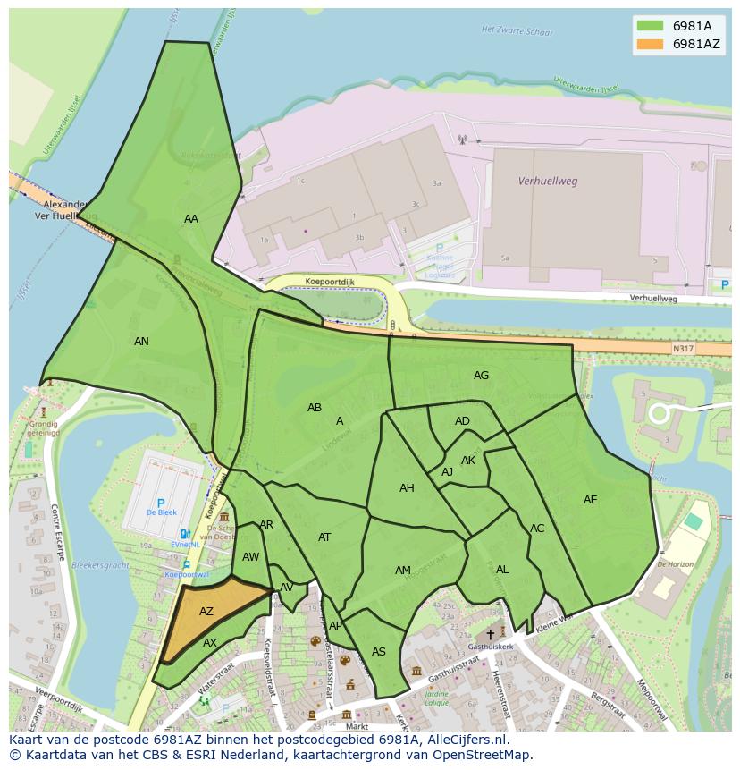 Afbeelding van het postcodegebied 6981 AZ op de kaart.