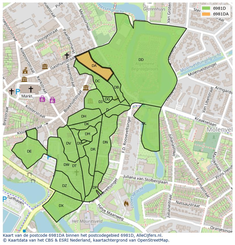 Afbeelding van het postcodegebied 6981 DA op de kaart.