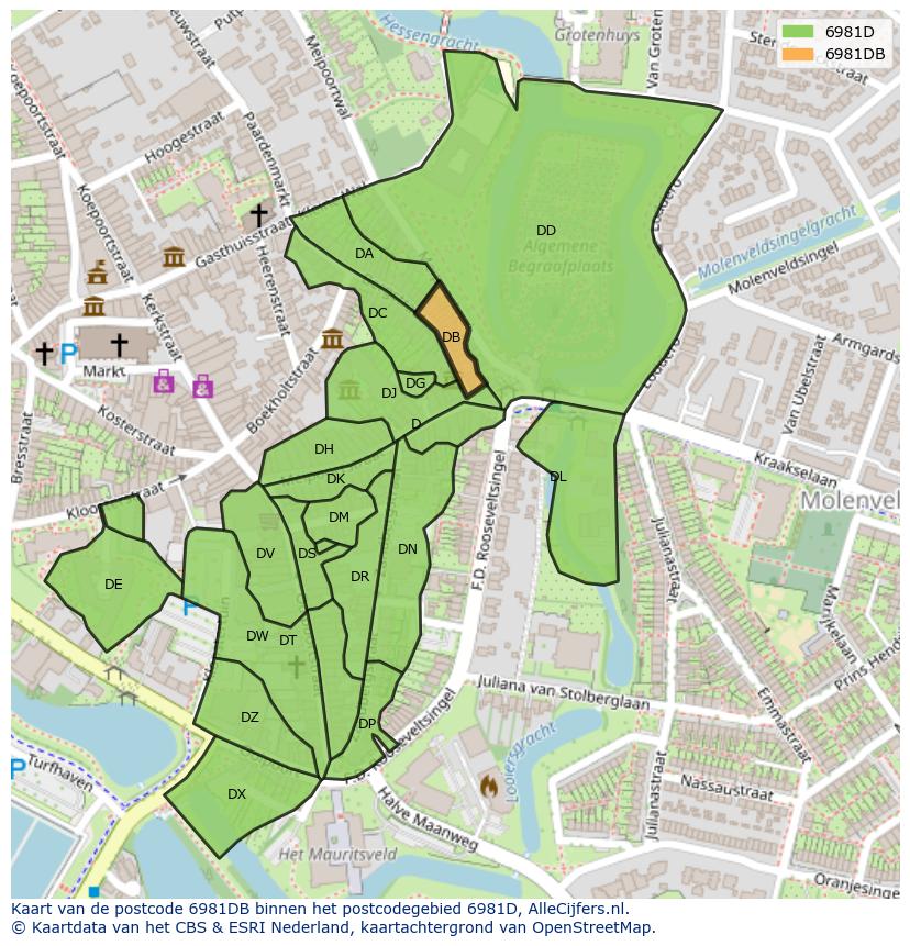Afbeelding van het postcodegebied 6981 DB op de kaart.