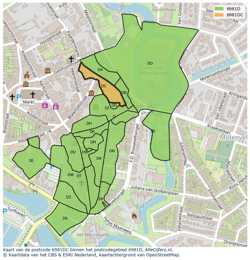 Afbeelding van het postcodegebied 6981 DC op de kaart.
