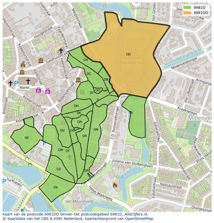 Afbeelding van het postcodegebied 6981 DD op de kaart.